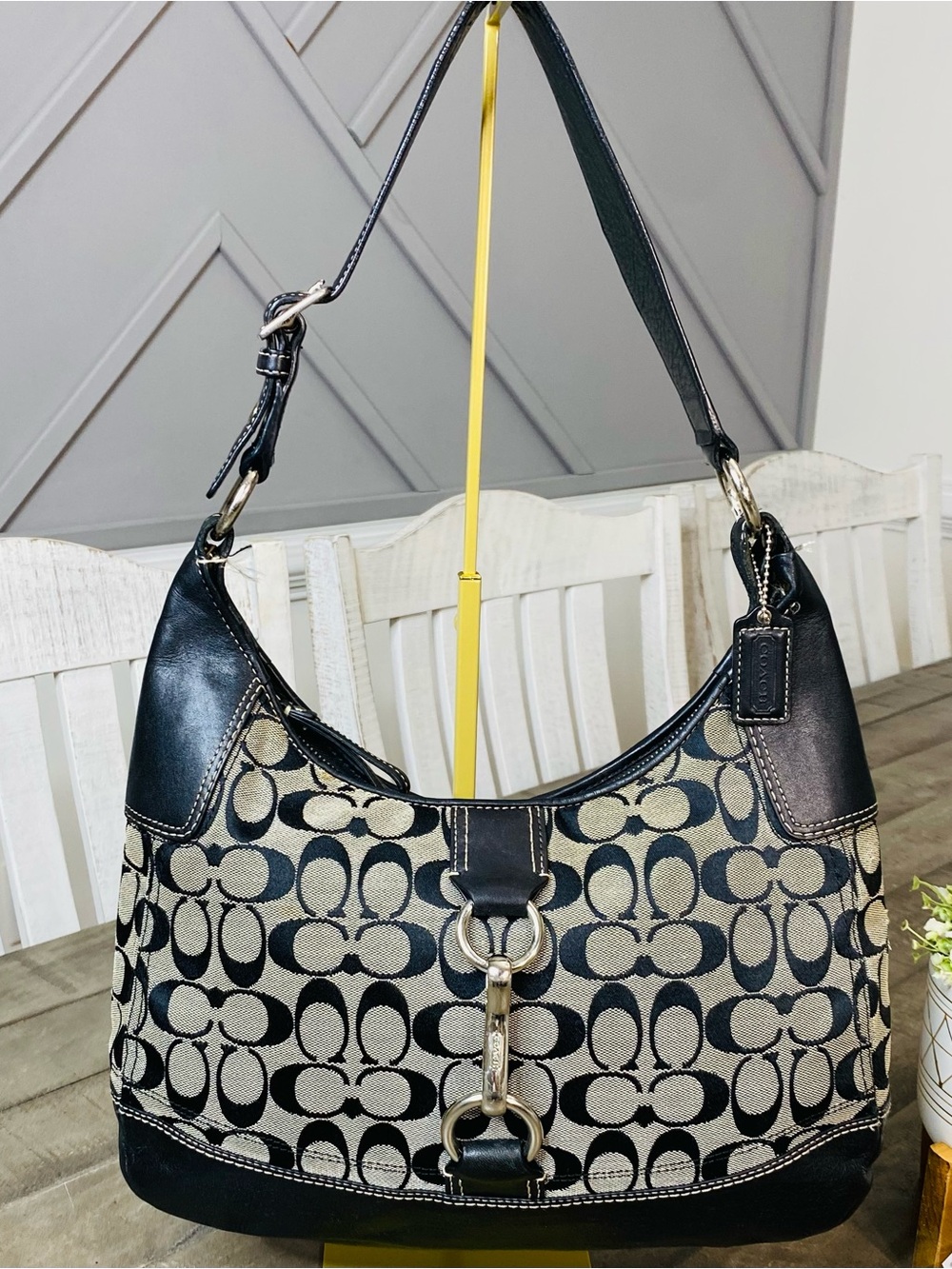 Vintage COACH Hamptons Signature Jacquard Hobo Bag Black Grey Clip Y2K